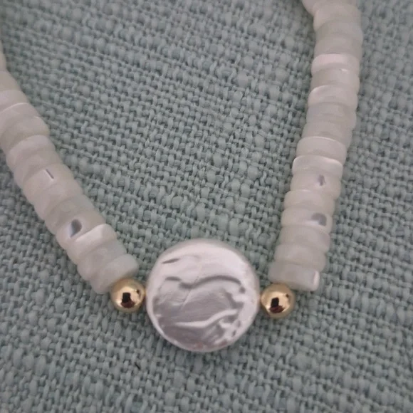 Natural Mother.of Pearl White Slices Of Pearl Rings & Pearl Coin Choker,Braclet - Picture 7 of 7